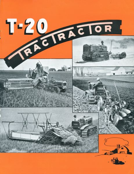 Cover of an advertising catalog for T-20 TracTracTors (crawler tractors), featuring photographs of tractors plowing a field; harvesting with a combine (harvester-thresher) and grain binder; and road grading.