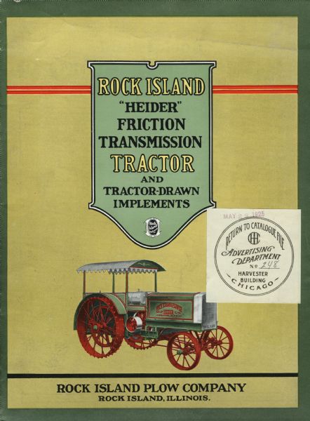 Front cover of a brochure advertising Heider friction transmission tractors and tractor-drawn implements.
