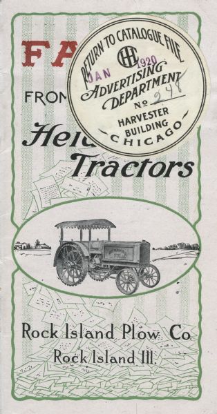 Front cover of a pamphlet advertising Heider tractors produced by the Rock Island Plow Company. The pamphlet features testimonies from Heider tractor owners and the cover depicts a tractor surrounded by piles of letters.