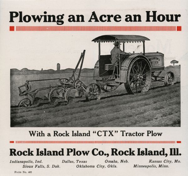 Interior spread of a pamphlet advertising the Rock Island "CTX" tractor plow. The advertisement features an illustration of a male farmer using a Heider tractor and CTX plow to work in a field.