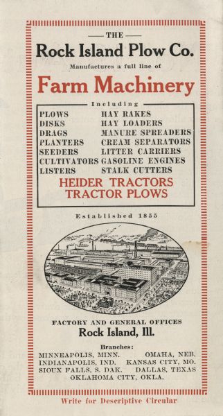 Back cover of a brochure advertising Rock Island Plow Company farm machinery. The advertisement features lists of agricultural equipment produced by the company and  company branch locations, along with an illustration of the factory and offices.