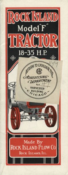 Front cover of a brochure distributed by the Rock Island Plow Company to advertise the Rock Island Model "F" 18-35 horsepower tractor.