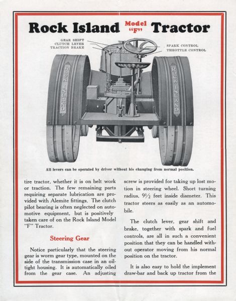 Interior of a brochure advertising the Rock Island Model "F" tractor. The spread features a labeled illustration of the tractor and a paragraph describing the machinery.