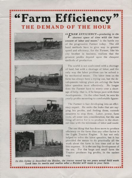 Interior spread of a brochure produced by the Rock Island Plow Company to advertise Heider tractors. Four photographs of the tractor in use are accompanied by text describing farm efficiency, part of which reads: "'Farm Efficiency' The Demand of the Hour" and "In this folder is described the Heider, the tractor tested by ten years actual farm work. Look into its merits and realize what a Heider will mean to your farm."