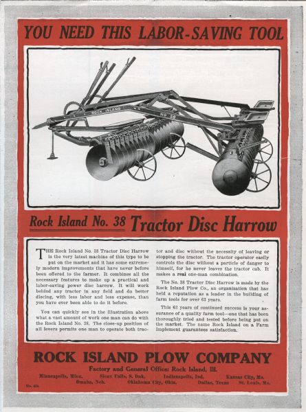 Inner spread of a brochure produced by the Rock Island Plow Company to advertise the Rock Island No.38 tractor disc harrow. The advertisement features an illustration of the disc harrow along with several paragraphs describing the equipment's features.