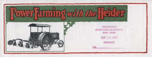 Cover of a brochure produced by the Rock Island Plow Company advertising Heider tractors.