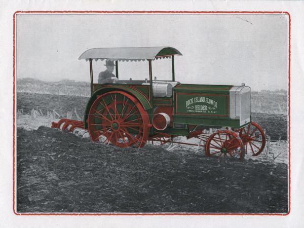 Color illustration of a man using a Heider tractor to work in a farm field. The image was part of the center spread of a pamphlet produced by Rock Island Plow Company to advertise tractors, plows, and disc harrows.