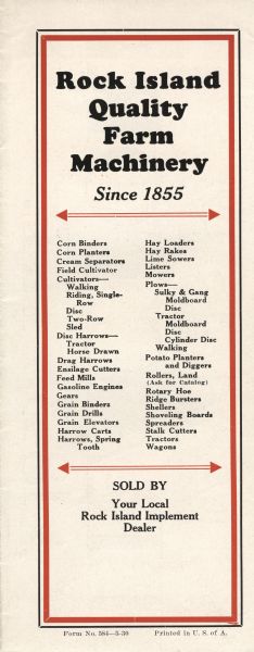 Back cover of a brochure manufactured by the Rock Island Plow Company to advertise farm equipment. The text features a listing of farm implements and machinery produced by the company.