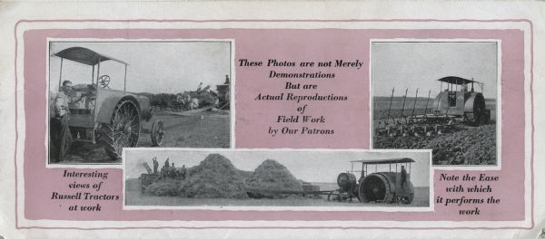 Exterior fold of a pamphlet advertising Russell tractors featuring three photographs of the tractor at work in a field. The text reads: "Interesting views of Russell Tractors at work", "These Photos are not Merely Demonstrations But are Actual Reproductions of Field Work by Our Patrons", and "Note the Ease with which it performs the work."