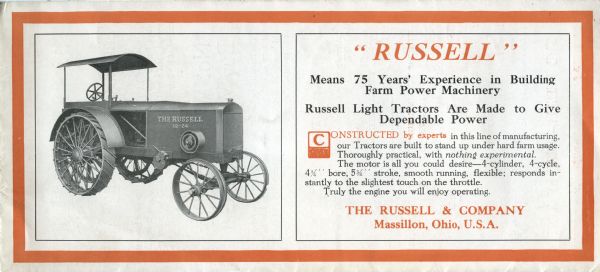 An illustration of a tractor stands alongside a description of its features on the cover of a mail brochure advertising Russell farm machinery.