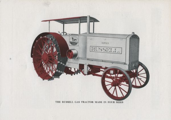 Page in the Year Book of the Russell & Co. advertising the gas tractor. The text beneath the color illustration reads: "The Russell Gas Tractor Made in Four Sizes."
