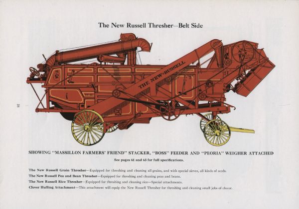 Page in the Year Book of the Russell & Co. advertising a thresher. The color illustration shows the machine and the text reads: "Showing 'Massillon Farmers' Friend' stacker, 'Boss' feeder and 'Peoria' weigher attached."