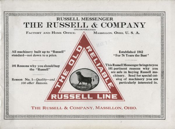 Front cover of a booklet advertising agricultural machinery and equipment produced by The Russell & Company Incorporated.