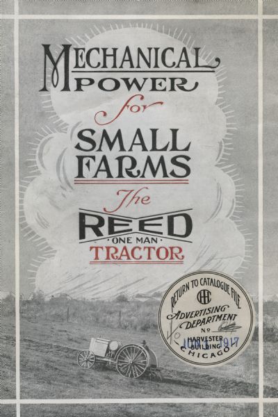 Front cover of a brochure advertising the Reed one-man tractor. The cover features an illustration of a man using the tractor to work in a farm field.