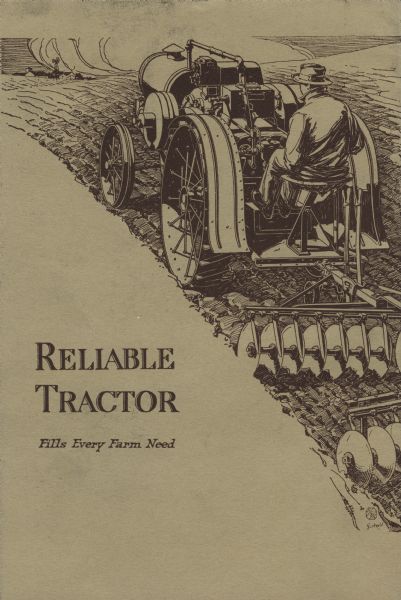 Back cover of a brochure advertising Reliable tractors, produced by the Reliable Tractor & Engine Company.