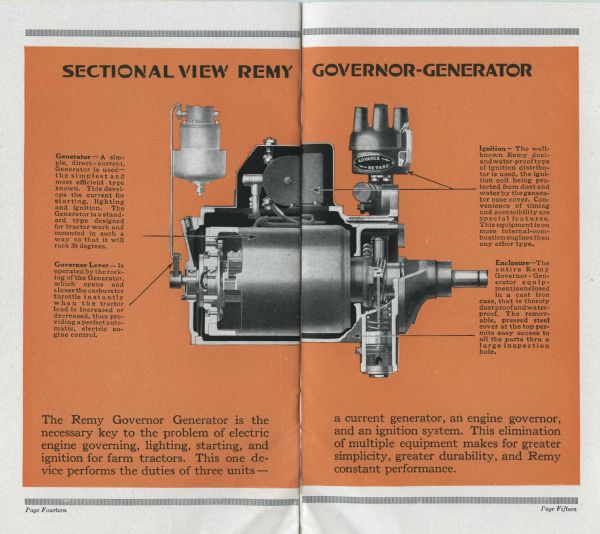 Interior spread of an advertising booklet produced by the Remy Electric Company's Tractor Equipment Division depicting a labeled cross-section of a Governor-Generator.