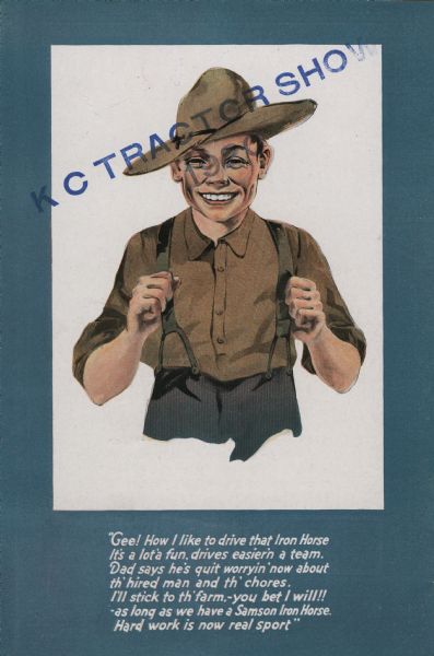Back cover of a brochure produced by the Samson Tractor Company, a division of General Motors Corporation, to advertise the Samson "Iron Horse." The cover features an illustration of a young boy and a testimonial written in rural dialect.