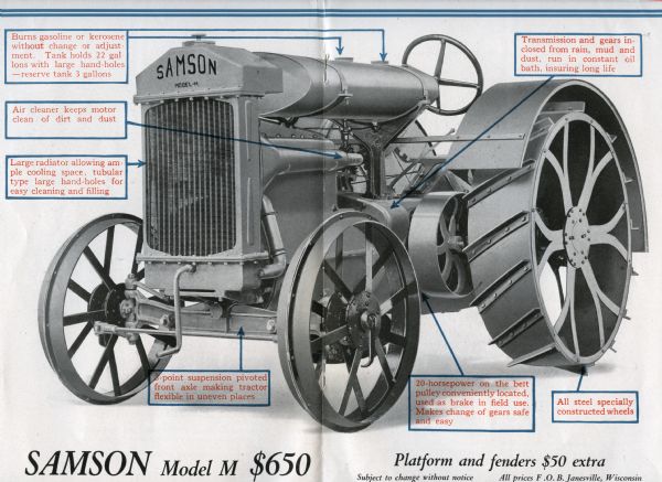 Center spread of a brochure produced by Samson Tractor Company, a division of General Motors Corporation, to advertise the Samson Model M tractor. The tractor illustration is labeled with descriptions of its parts and features.
