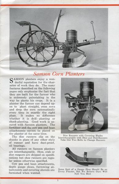 Interior page of a brochure produced by the Samson Tractor Company, a division of General Motors Corporation, to advertise Samson corn planters. The page features three illustrations of the planter and its parts, along with a paragraph describing its features.