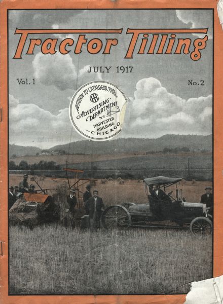 Cover of the Volume 1, Number 2 issue of <i>Tractor Tilling</i> newsletter, produced by the Smith Form-a-Tractor Company. The cover features a photograph of men with a grain binder pulled by what appears to be a modified truck or automobile.
