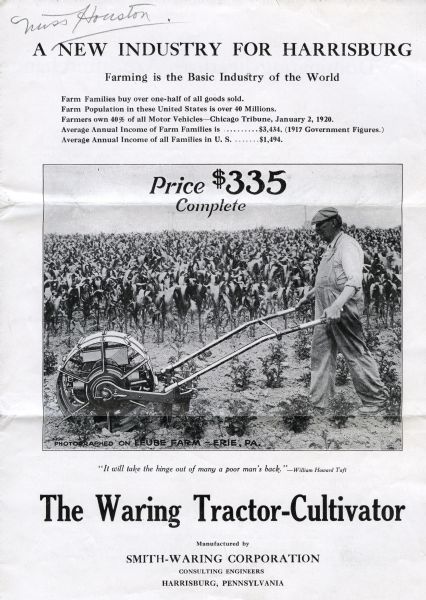 Page of a mailer produced by the Smith-Waring Corporation of Harrisburg, Pennsylvania to advertise the Waring tractor-cultivator. The advertisement features a photograph of a farmer using the tractor-cultivator in a field, with a caption that reads: "Photographed on Leube Farm - Erie, PA."