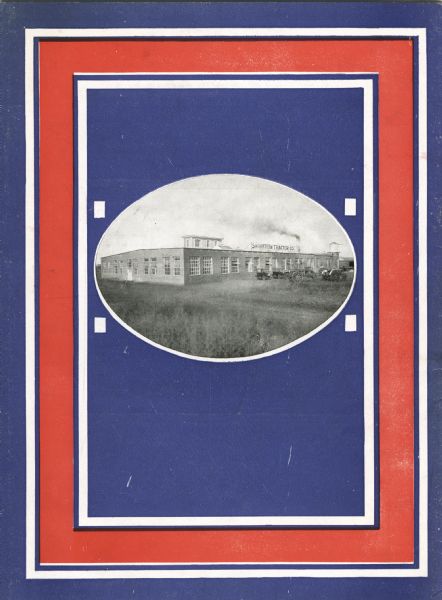 Back cover of a booklet produced by the Square Turn Tractor Company to advertise the Square Turn farm tractor, featuring a photograph of the company's factory.