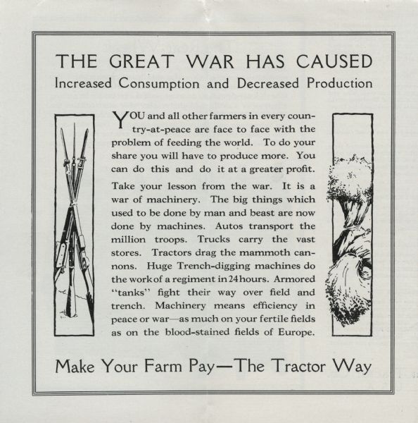 Interior pages of a wartime booklet produced by the Standard Detroit Tractor Company encouraging farmers to use tractors for efficiency and to increase their production. Includes the text: "The great war has caused increased consumption and decreased production; make your farm pay - the tractor way."