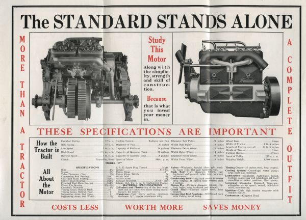 Interior spread of a pamphlet produced by the Standard Detroit Tractor Company displaying the motor of a Standard tractor. The text surrounding the images lists the specifications of the tractor and motor, and includes the slogan: "the standard stands alone."