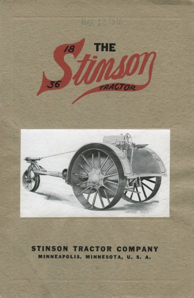 Front cover of a booklet produced by the Stinson Tractor Company of Minneapolis, Minnesota, featuring an illustration of the Stinson 18-36 tractor.