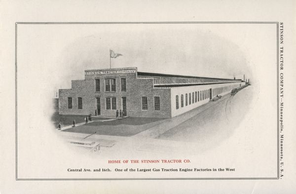 Illustration of the Stinson Tractor Company, located at the intersection of Central Avenue and 16th Street. The illustration was included in a booklet produced by the Stinson Tractor Company to advertise their 18-36 tractor.