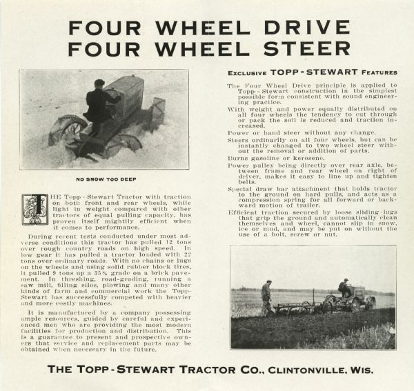 Interior pages of a brochure advertising the Topp-Stewart four-wheel drive tractor. Two photographs of men using the tractor, one in snow and one in a farm field, are surrounded by text explaining the machinery's features.
