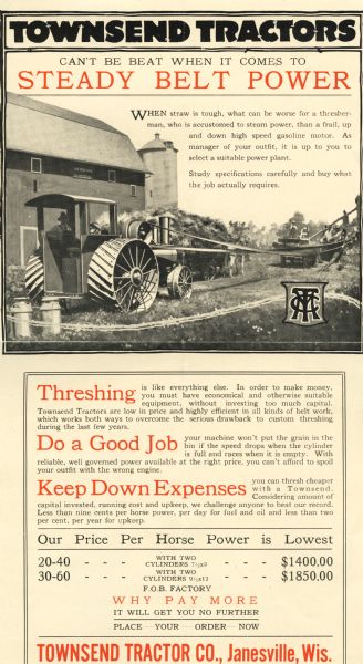 Advertisement for the Townsend Tractor Company entitled: "Townsend Tractors Can't Be Beat When It Comes to Steady Belt Power."