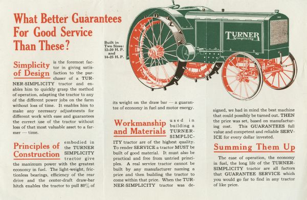 Interior pages of a pamphlet advertising the Turner Simplicity tractor in 12-20 and 14-25 horsepower sizes. The text includes headlines reading: "Simplicity of Design", "Principles of Construction", "Workmanship and Materials", and "Summing Them Up".