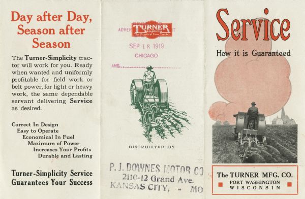 Three folds of a pamphlet advertising the Turner-Simplicity tractor featuring two illustrations of a man at work on the tractor along with text describing the equipment's features.