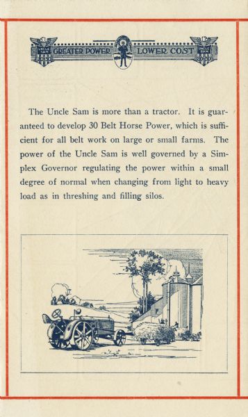 Front cover of a pamphlet advertising the Uncle Sam tractor featuring an illustration of the tractor on a farmstead along with a paragraph of descriptive text.