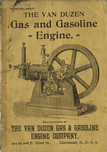 Front cover of a booklet advertising the Van Duzen gas and gasoline engine featuring an illustration of the engine along with text reading: "Manufactured by the Van Duzen Gas & Gasoline Engine Company. 202 to 208 E. Third St., Cincinnati, O., U.S.A."