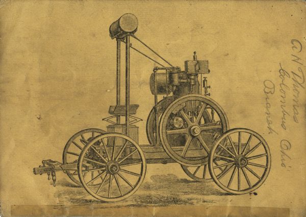 Back cover of a booklet advertising the Van Duzen gas and gasoline engine featuring an illustration of the engine. The handwritten text at right reads: "A.H. Thomas. Columbus, Ohio Branch."