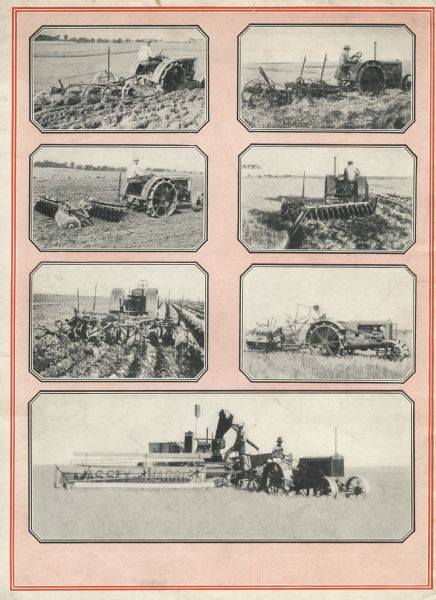 Back cover of a booklet produced by the Massey-Harris Company to advertise Wallis Certified Tractors. The page features photographs of tractors in use on farms.