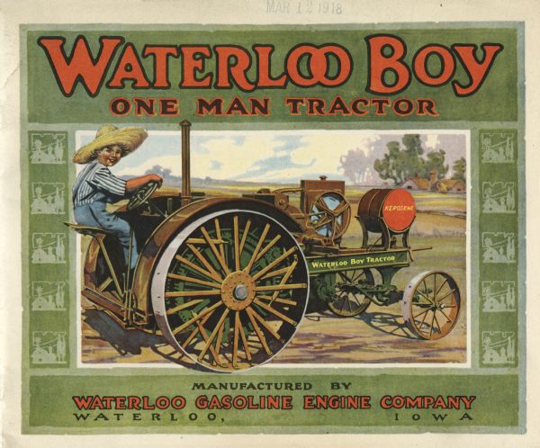 Front cover of a booklet produced by the Waterloo Gasoline Engine Company to advertise the Waterloo Boy one-man tractor. The Waterloo Gasoline Engine Company was based out of Waterloo, Iowa. Features a color illustration.