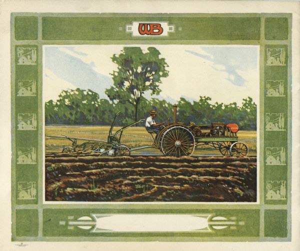 Back cover of a brochure produced by the Waterloo Gasoline Engine Company of Waterloo, Iowa to advertise the Waterloo Boy one-man tractor. The cover features a color illustration of a man using the tractor and a disk harrow plow in a farm field, surrounded by a decorative border.