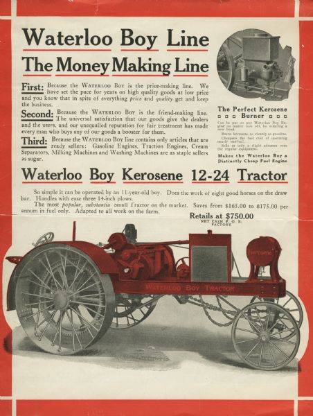 Pamphlet produced by the Waterloo Gasoline Engine Company advertising the Waterloo Boy 12-24 kerosene tractor.