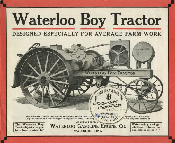 Front cover of an advertising booklet produced by the Waterloo Gasoline Engine Company to showcase the Waterloo Boy tractor. Includes the text: "designed especially for average farm work."