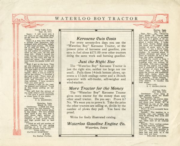 Back cover of a pamphlet advertising the Waterloo Boy tractor, featuring a list of the equipment's attributes and testimonies from tractor users.