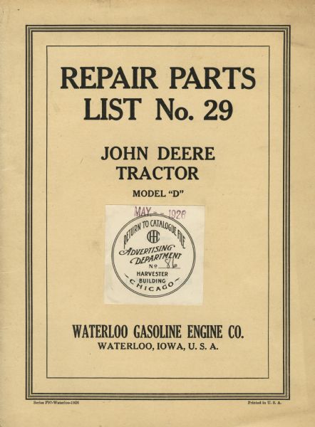 Front cover of the Number 29 repair parts list for the Model D John Deere tractor.