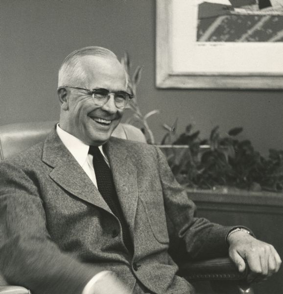 Portrait of Christian E. Jarchow sitting at a desk. Jarchow served the International Harvester Company as Comptroller and succeeded Gen. Levin H. Campbell, Jr. as Executive Vice-President of the company after Campbell's retirement in February of 1952. He also acted as board chairman of the Controllers Institute of America (now known as the Financial Executives Institute). Jarchow died in 1979 at the age of 88.