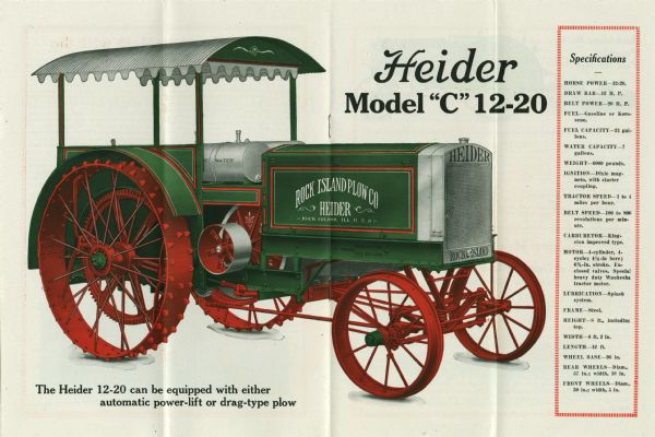 Interior page of a pamphlet produced by the Rock Island Plow Company to advertise the Heider Model C 12-20 tractor. The pages feature a side view color illustration of the tractor along with a listing of the equipment's specifications at right.