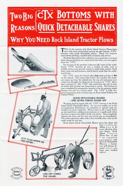 Interior spread of a pamphlet produced by the Rock Island Plow Company to advertise their tractor plows. The pages feature illustrations of a man with the plow, along with several paragraphs of informative details about the equipment.