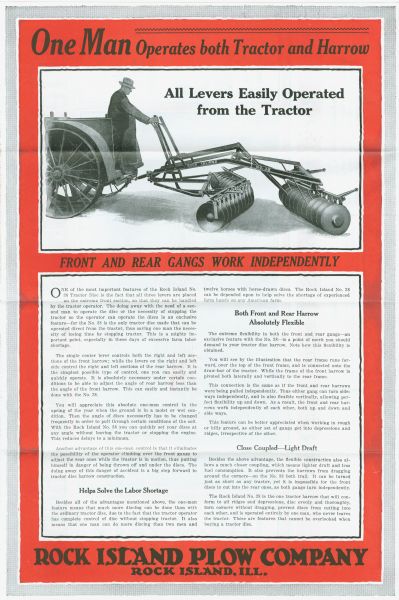 Interior spread of a pamphlet produced by the Rock Island Plow Company to advertise the Number 38 Tractor Disc. The advertisement features an illustration of a man operating a tractor and disc harrow, along with several paragraphs of informative text.