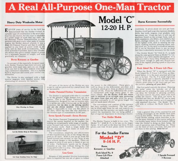 Interior spread of a pamphlet advertising the Heider Model C 12-20 horsepower tractor. Informative text is supplemented by illustrations of the tractor at top center and bottom right, and three photographs of the tractor in use on a farm are shown at bottom left.