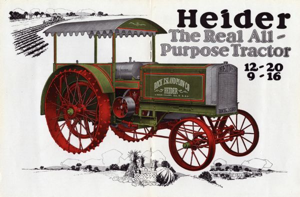 Interior spread of a booklet produced by the Rock Island Plow Company to advertise Heider tractors. The advertisement features a color illustration of the tractor surrounded by black and white illustrations of farm scenes.